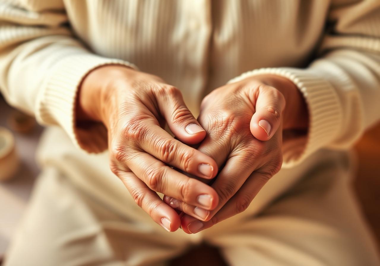 Pflegende Hände halten behutsam die Hände einer älteren Person